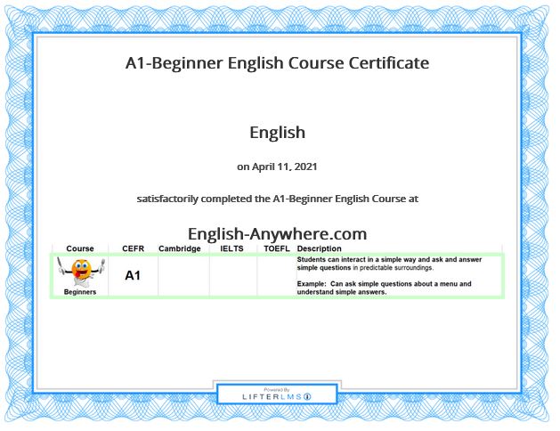 A1-Beginner English Certificate of course completion