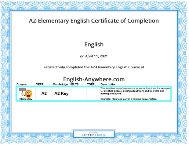 A2-Elementary English Certificate of course completion