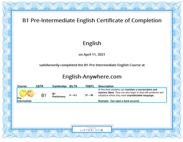 B1-Pre-Intermediate English Certificate of course completion