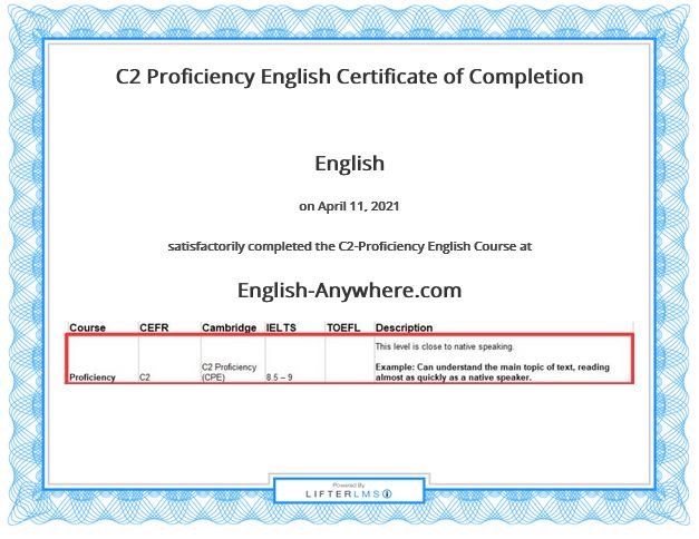 C2-Proficiency English Certificate of course completions