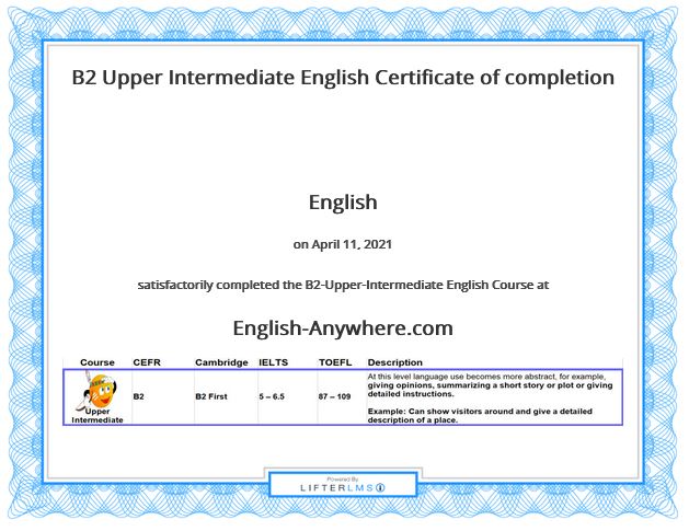 B2-Upper Intermediate English Certificate of course completion